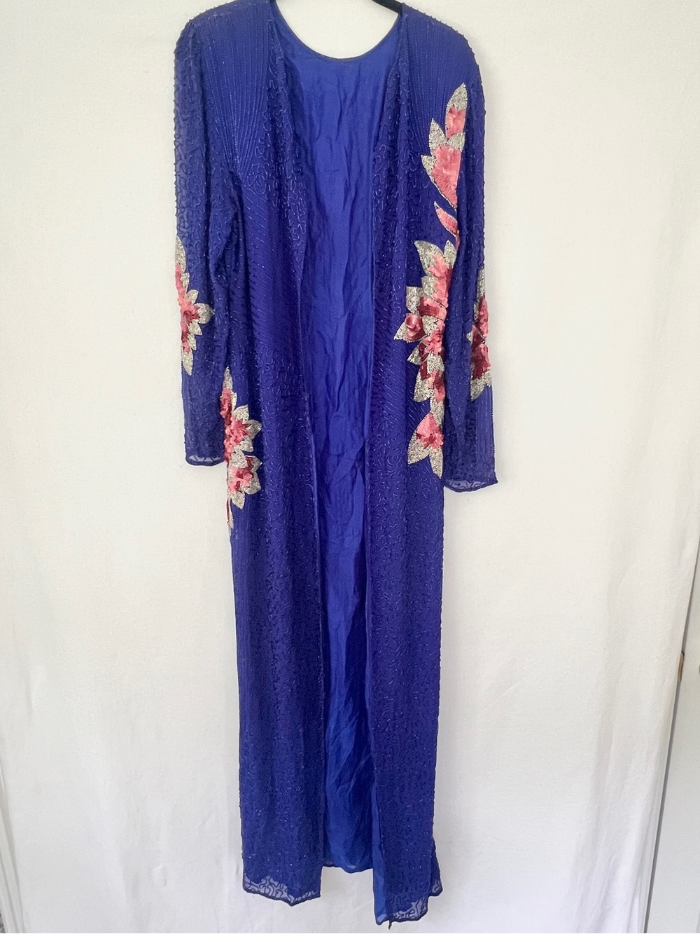Lavish Fully Beaded Silk Duster Cobalt Blue with Pink Flowers Silk Lined 80s M/L